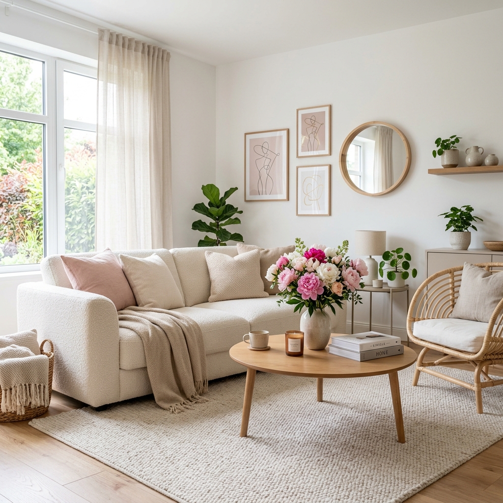 A beautifully decorated clean, white bedroom highlighting interior styling